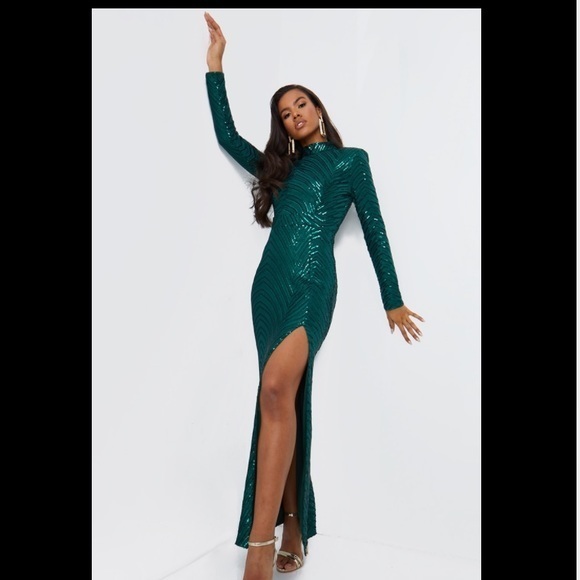 Emerald Green Patterned Sequin High Neck Maxi Prom Dress - NWT - Picture 3 of 6